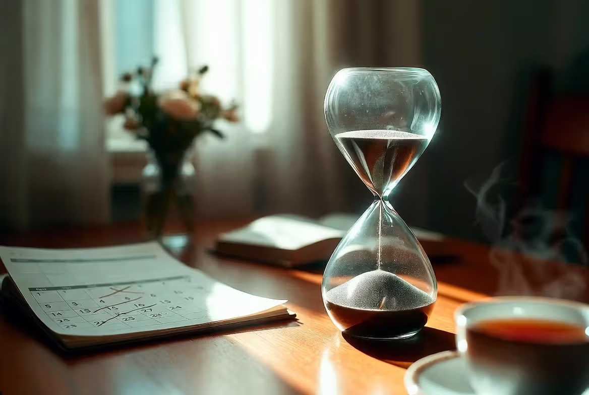 Calendar and hourglass symbolizing healing timeline after breakup